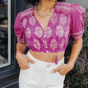 Cleobella Lilo Crop Top Purple Floral Drift Lahaina Short Puff Sleeve Shirt